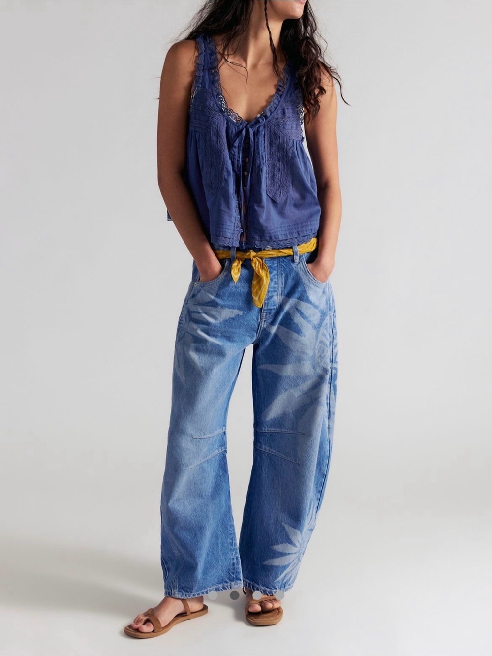 Free People Good Luck Mid Rise Printed Barrel jeans